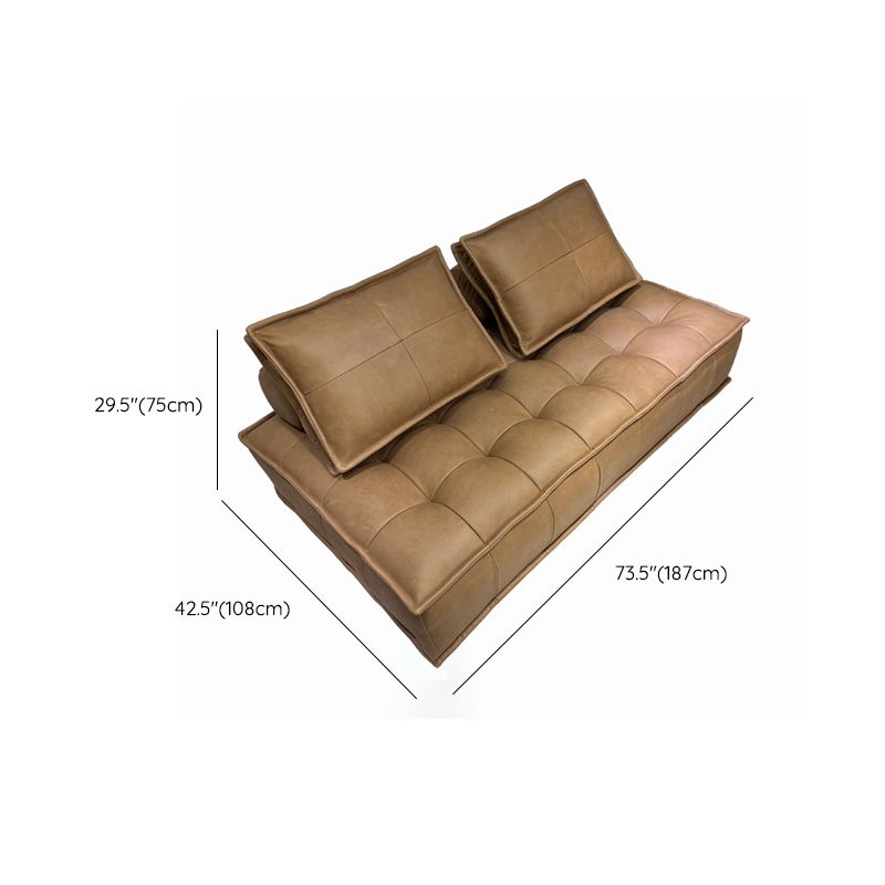 Tufted Leather Sectionals in Brown Mid-Century Modern Blocks Sofa with Pillows