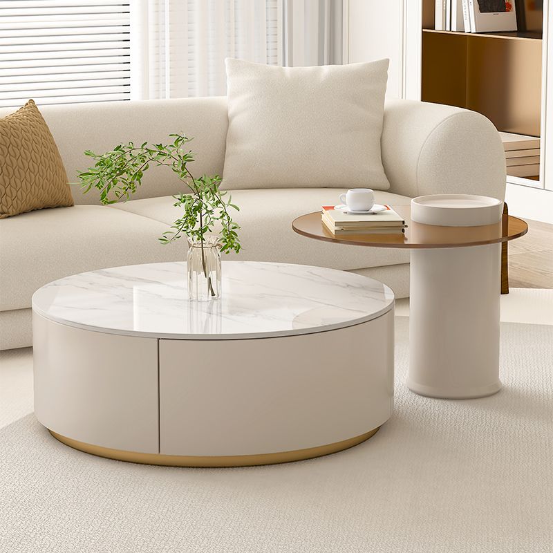 Modern Stone Drum Coffee Table with Storage Dia 31.5" Cocktail Table in Withe