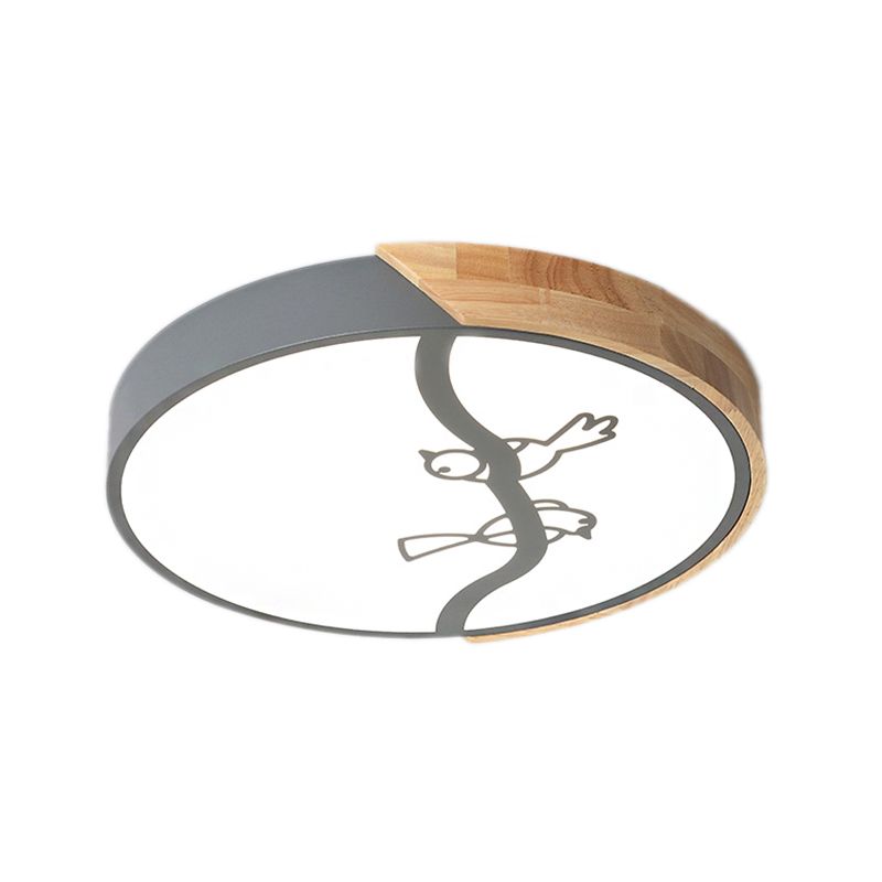 Plafonnier encastré en forme de cercle en bois, plafonnier LED gris/blanc de Style nordique avec abat-jour en acrylique et motif d'oiseau