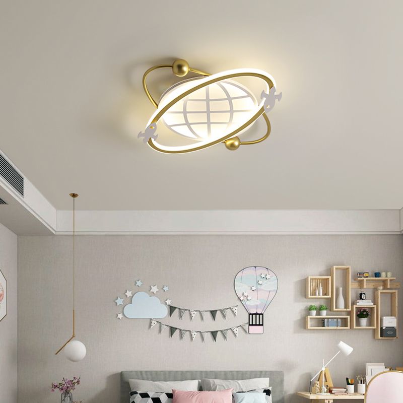Childrens Orbit Flush Mount Ceiling Light Metal Bedroom LED Flush Light with Rocket Detail