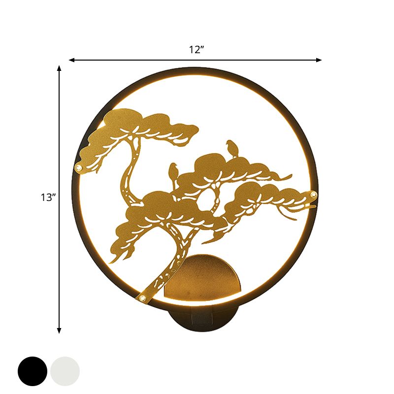 Chinese Style LED Wall Mural Lamp Metal Black/White Circular Pine Tree Patterned Wall Lighting