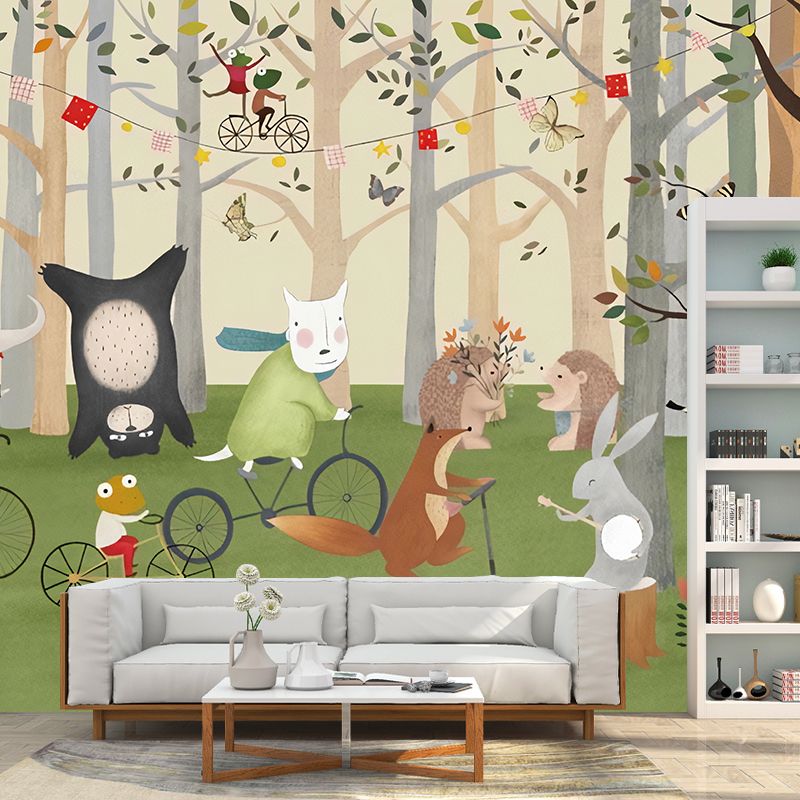 Fresh Animal and Forest Mural for Boy or Girl, Custom-Made Wall Covering in Beige and Green
