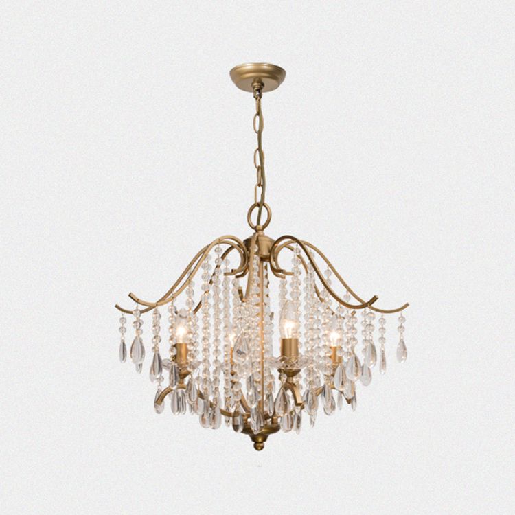 Retro Candlestick Chandelier 6 Heads Iron Hanging Lamp in Gold with Crystal Decoration