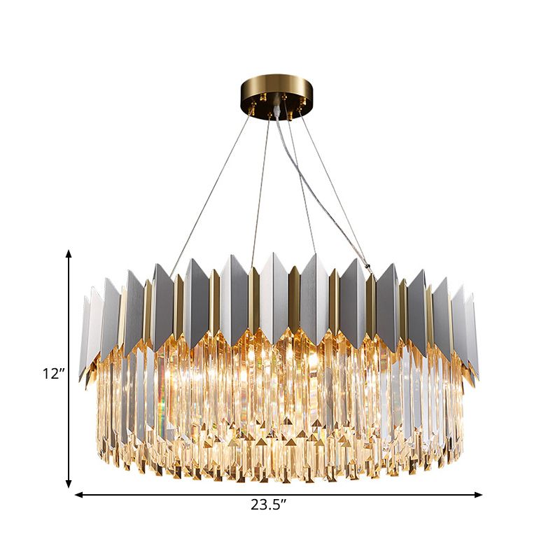 Contemporary Round Ceiling Pendant 8 Heads Clear Crystal Prisms Chandelier Light Fixture in Gold