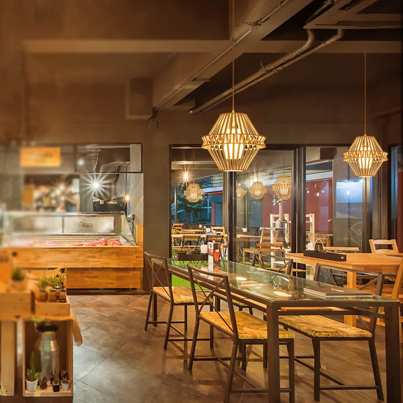 Kegel hanger verlichting Aziatische bamboe 1 bol houten plafond hangend licht met binnenste witte stof schaduw