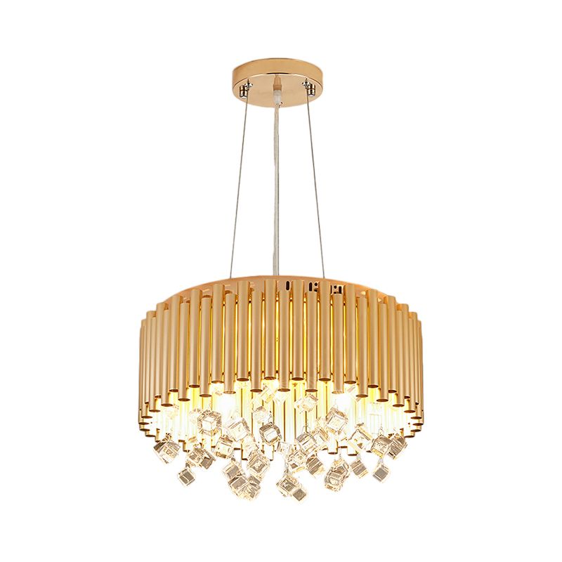 Luz de colgante colgante de 4/5 luces de tambor de lámpara de metal moderna con acento de cristal cúbico en oro, 16 "/19.5" W