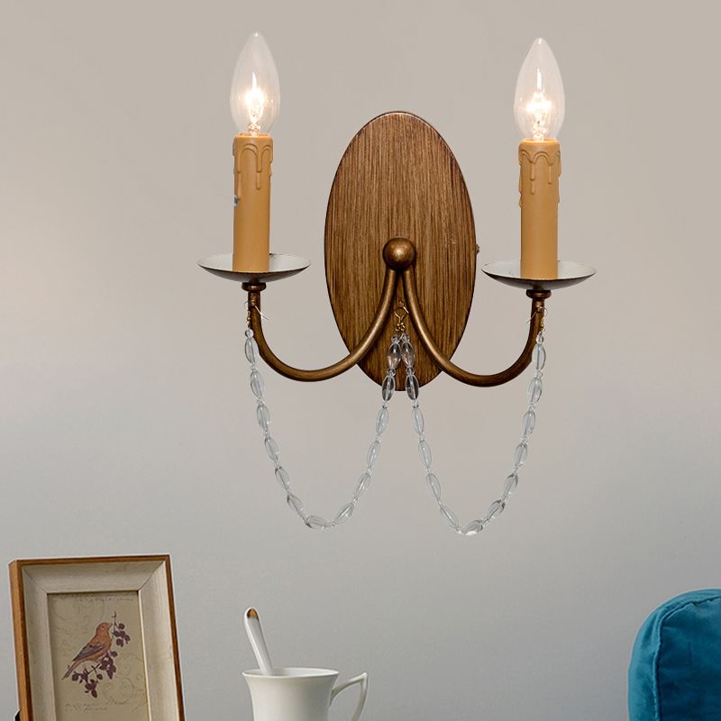 Wood Candle Wall Sconce Light Rustic Crystal Bead 2 Lights Hallway Wall Mount Lamp
