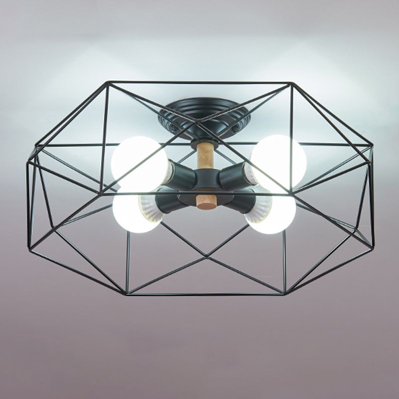 Industrial Flush Light Fixtures Cage-Shaped Iron Flush Mount Lamps for Bedroom
