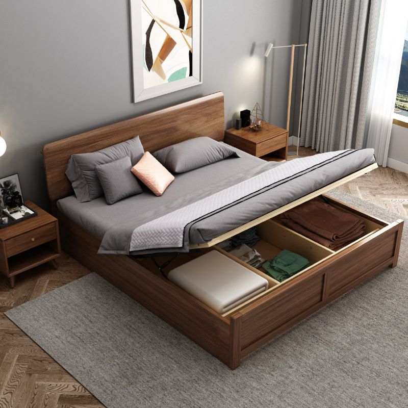 Brown 36.61" High Panel Bed with Storage Walnut Bed with Headboard