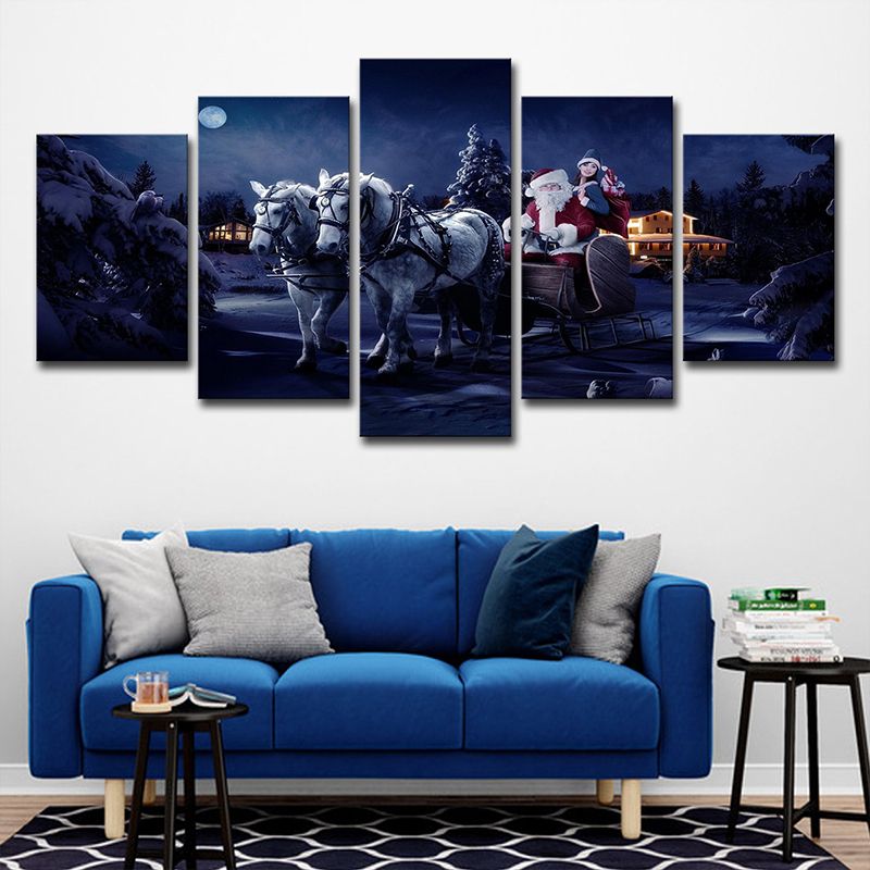 Christmas Carriage Santa Claus Canvas Kids Style Multi-Piece Wall Art Decor in Dark Blue
