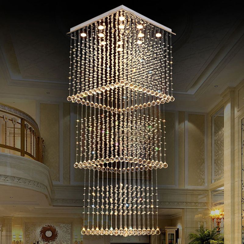 Crystal Square Hanging Light Minimalist 13 Bulbs Stair LED Multi Lamp Pendant in Silver