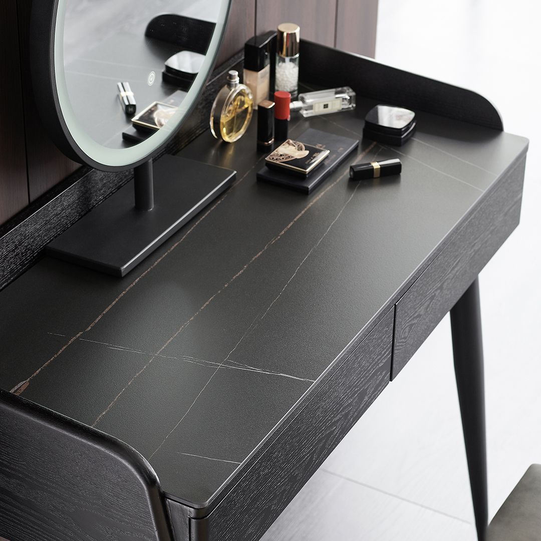 Contemporary Stone Vanity, 2 Storage Drawers With Stool, Black/White