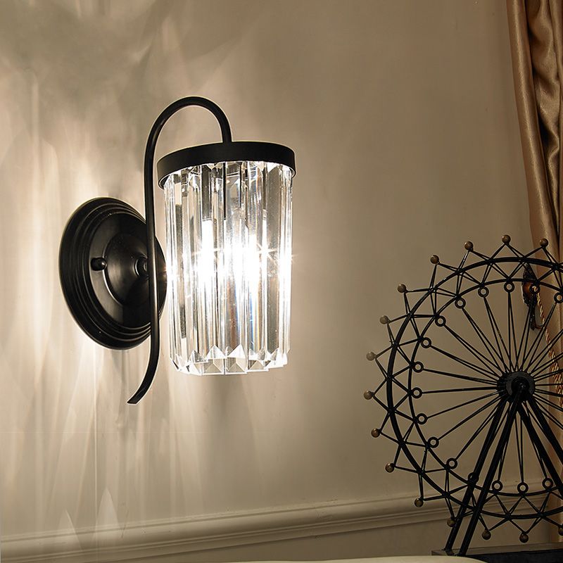 Prismatic Crystal Cylinder Wall Light Fixture Modern 1 Light Gold/Black Wall Mount Light