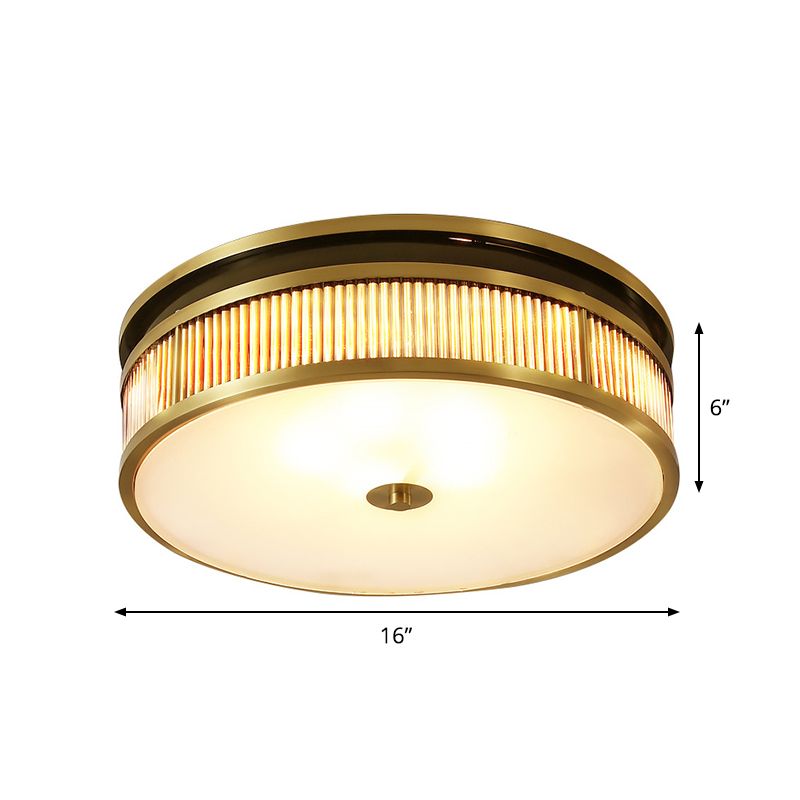 4 Lights Great Room Flush Lamp Minimalist Brass Ceiling Mounted Fixture with Drum Opal Glass Shade