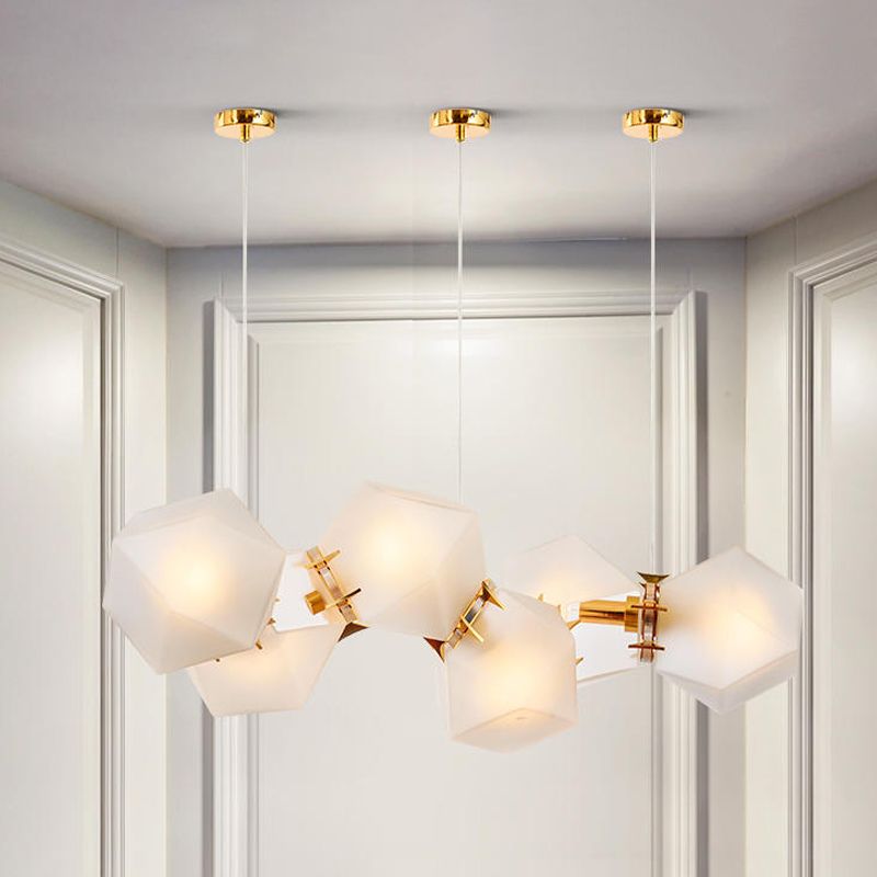 Frosted White Glass Honeycomb Island Lamp Modern Style 2/4/8-Light Brass Ceiling Hang Light for Living Room