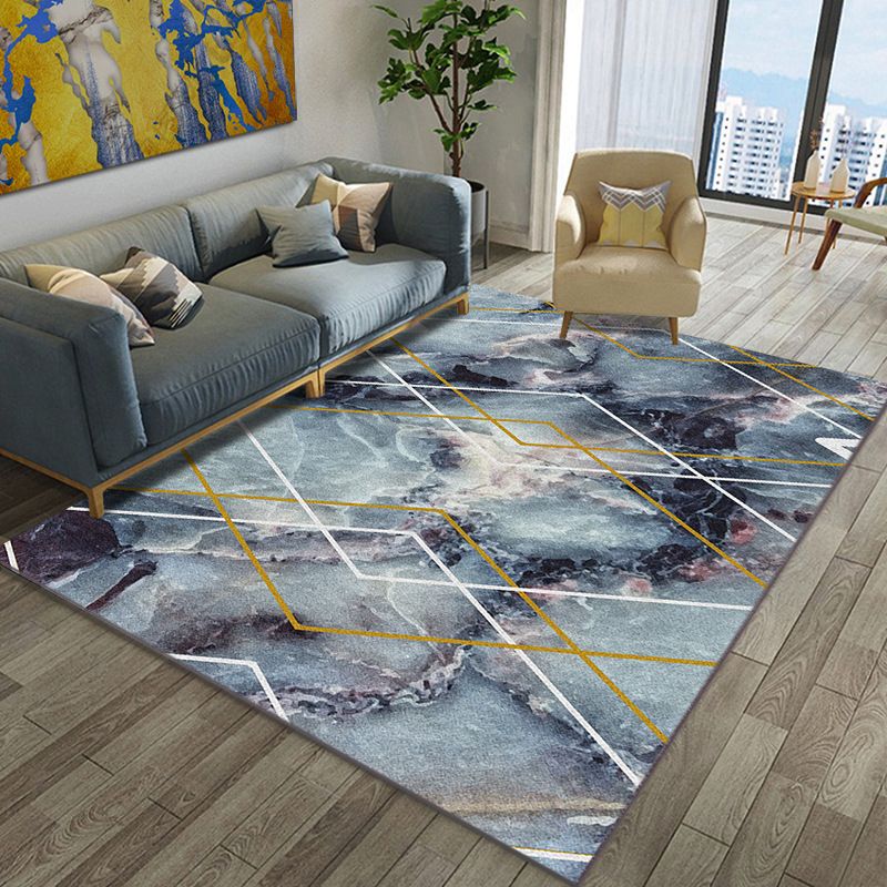 Contemporary Polyester Area Rug with Marble Pattern Blue Green Machine Washable Area Rug for Room