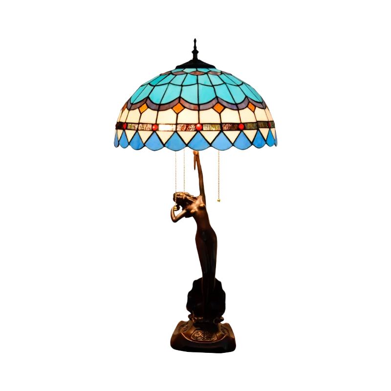 3-Head Nightstand Lamp Mediterranean Spikelet Beige/Teardrop-Edge Blue and White/Flower Blue and Brown Glass Table Light with Pulling Chain