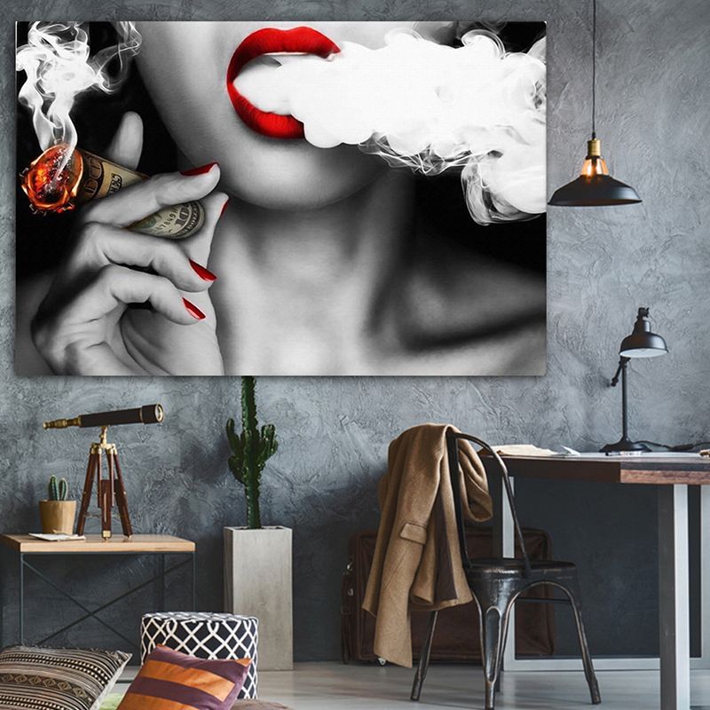 Photography Woman Smoking Canvas Wall Art for Girls Bedroom, Red and Grey, Textured