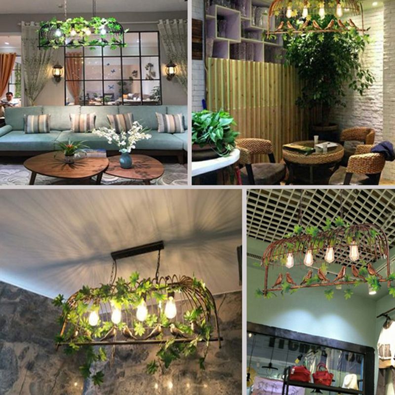 Island Ceiling Light Rural Birdcage Cast Iron Hanging Light Fixture with Bird and Leaf Deco