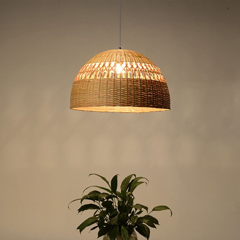 Bamboo Hemisphere Pendant Light Chinese 1 Head Ceiling Suspension Lamp in Flaxen