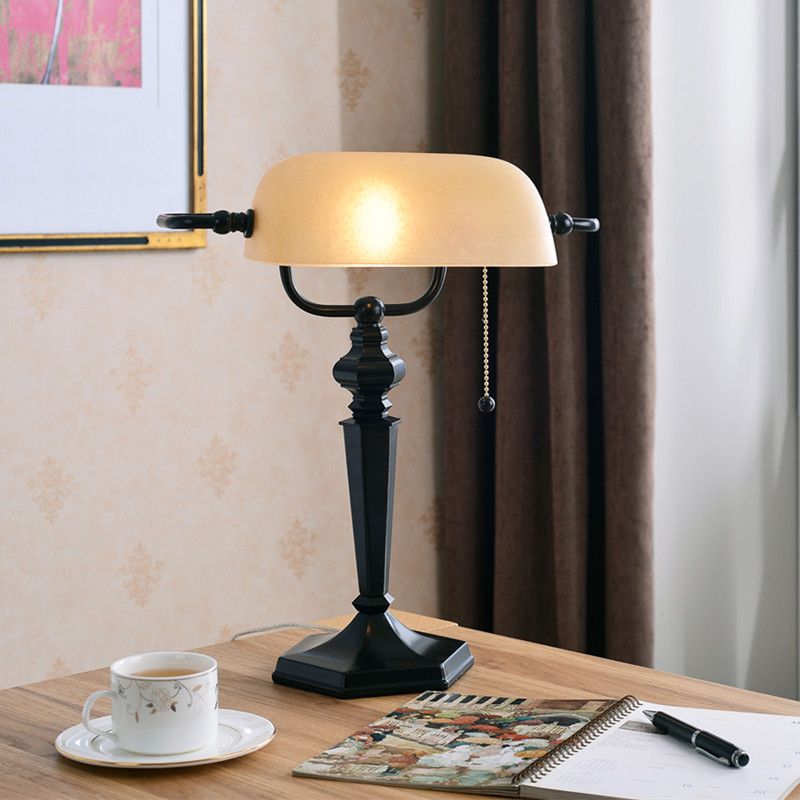1 Light Pull Chain Night Table Light Traditional Black/Brass Finish Metal Desk Lamp with Tan Glass Shade