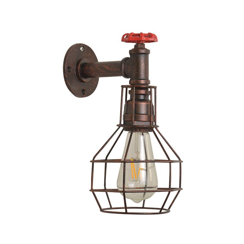 Grenade Cage Metallic Wall Light Retro 1 Head Restaurant Wall Lighting Fixture with Water Valve in Rust