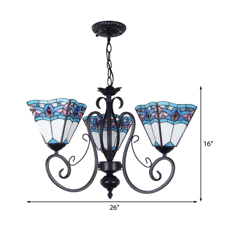 Piramide illuminazione sospesa con catena metallica 3 luci macchiate di vetro in vetro in blu