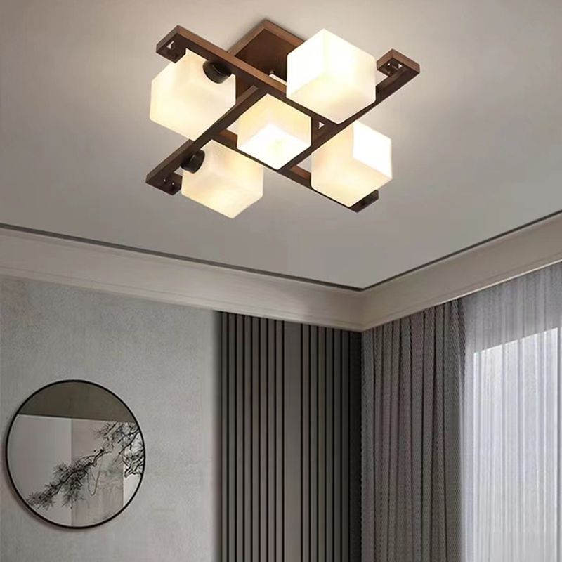 Modern Style Ball Shape Flush Mount Wood Ceiling Light in Brown for Living Room