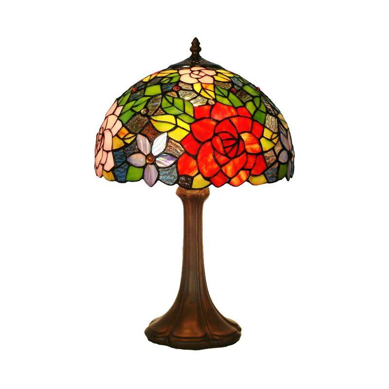 Hand-Cut Stained Glass Rose Table Light Victorian 1 Head Bronze Night Stand Lamp