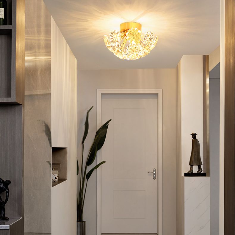 Brass Close to Ceiling Lamp Minimalist Crystal Shaded Ceiling Mounted Fixture