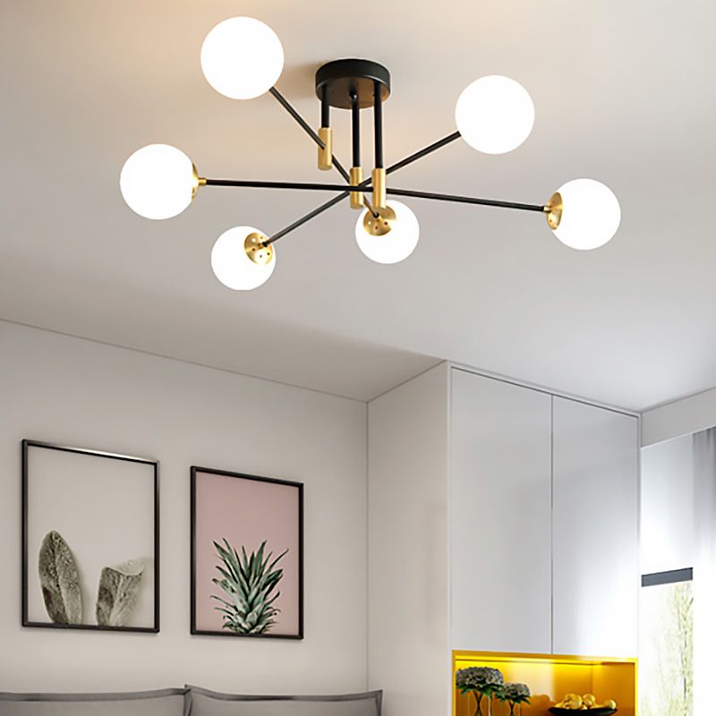 Sphère en verre crème semi-encastré moderniste 4/6/8 lumières noir luminaire semi-encastré avec bras linéaire