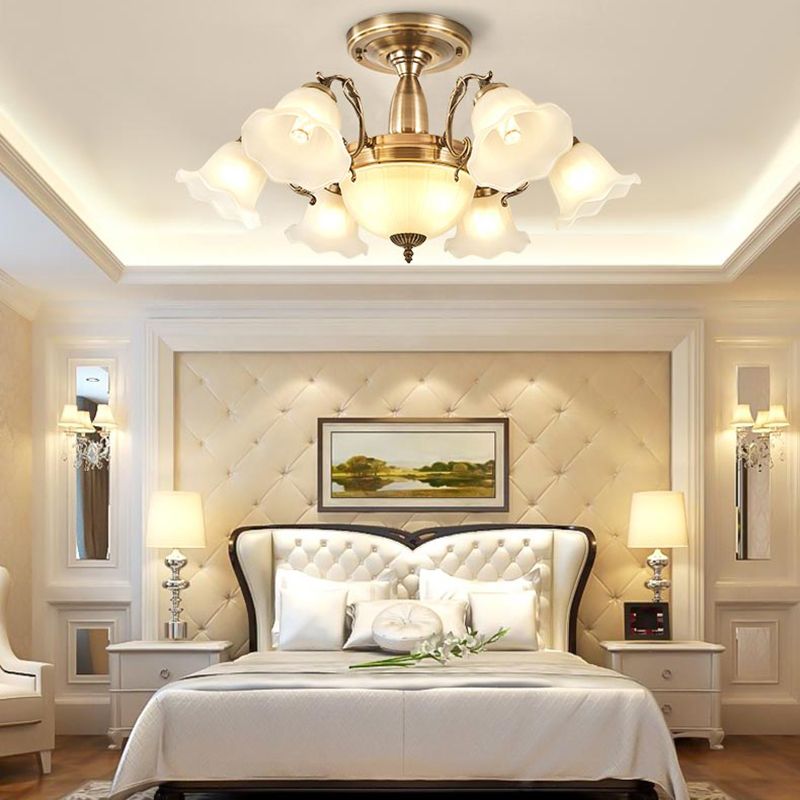 American Style Ceiling Light Flower Shape Ceiling Lamp with Glass Shade for Bedroom