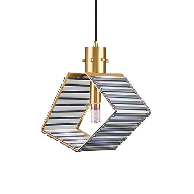 4-Side Prismatic Crystal Suspension Lamp Mid Century Single Bulb Dining Table Pendant Lighting Fixture in Brass