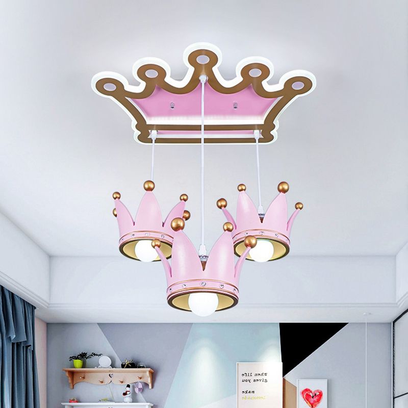 Crown Resin Ceiling Flush Mount Light Cartoon 3 Heads Pink Flush Mounted Lamp with Drapes