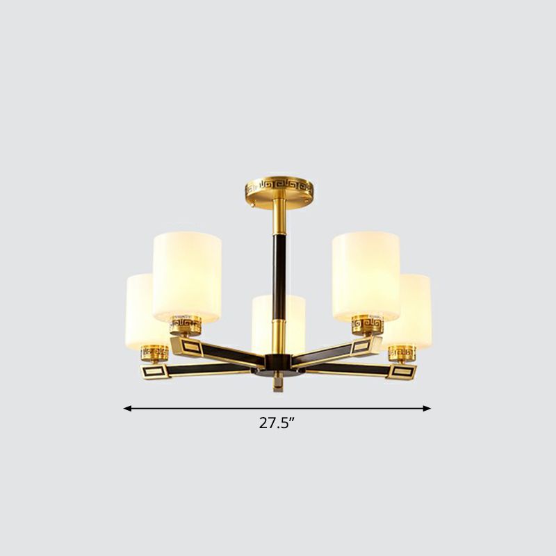 Satin Opal Glass Cylinder Ceiling Light Antique Living Room Chandelier in Black and Brass
