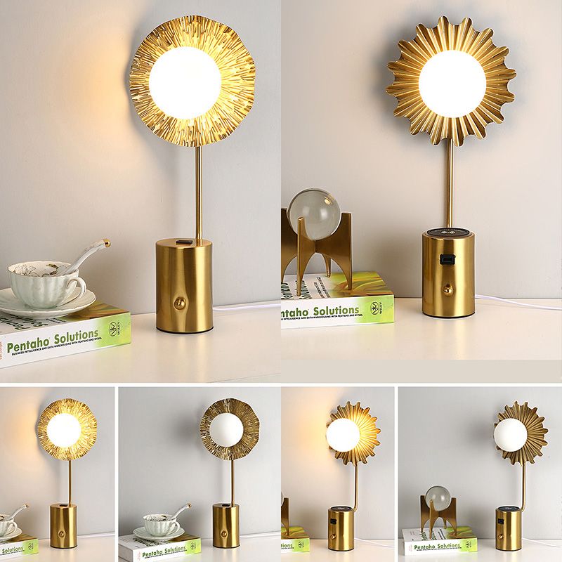 Gold Finish Ball Shade Table Lamp Modern 1-Light White Glass Nightstand Light
