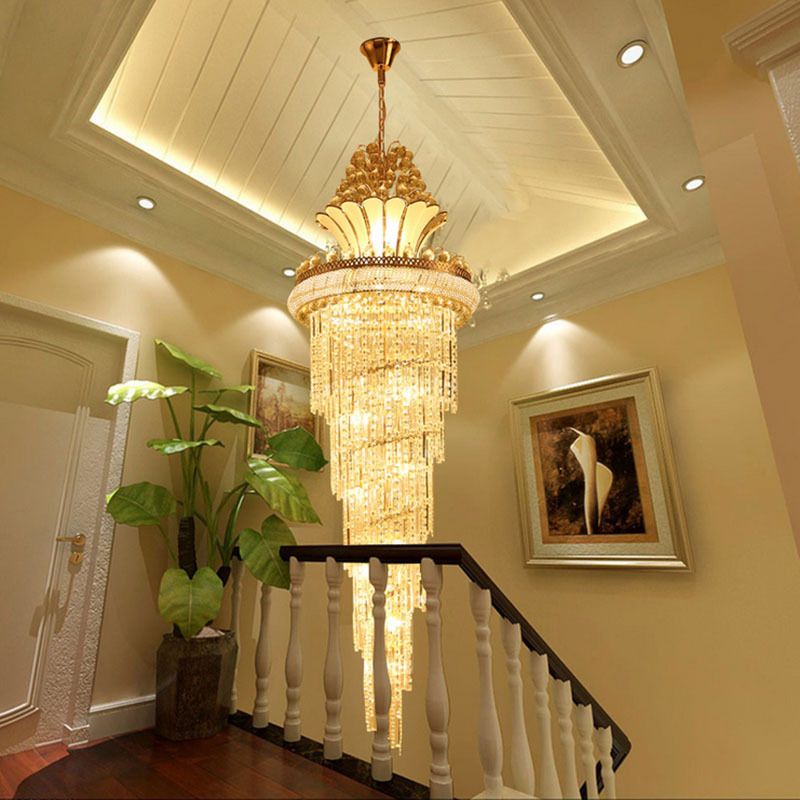 Gold 12 Heads Chandelier Lighting Modern Crystal Beaded Spiral Chandelier Pendant Light