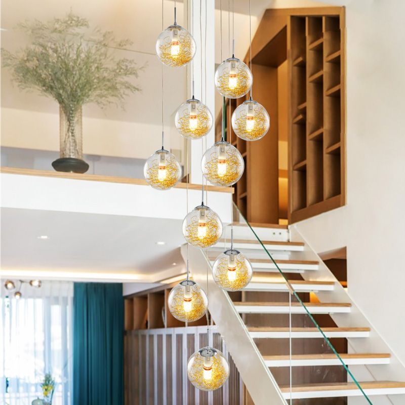 10-Head Multi Light Pendant Modernism Stair Suspension Lamp with Sphere Clear Glass Shade in Silver