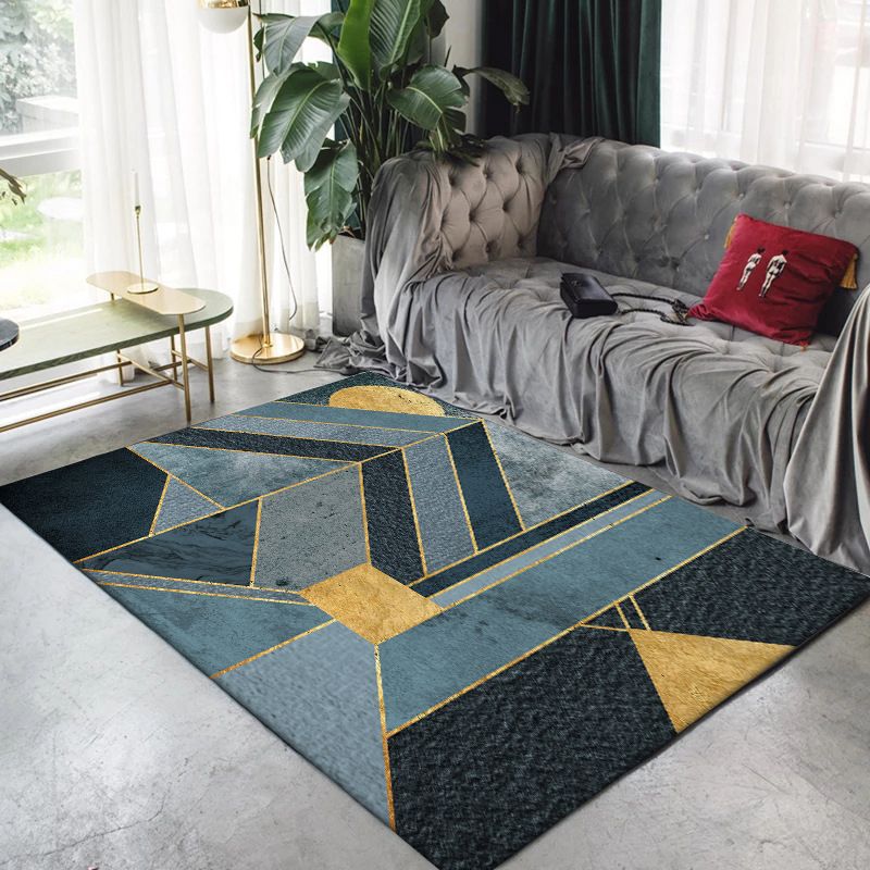 Blue Bedroom Rug Modern Geometric Irregular Shape Pattern Area Rug Polyester Machine Washable Carpet