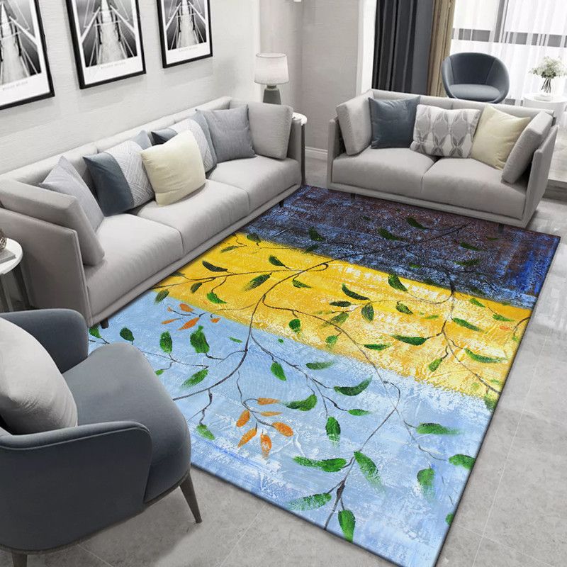 Blue Modern Rug Polyester Leaves Indoor Rug Non-Slip Backing Rug for Living Room