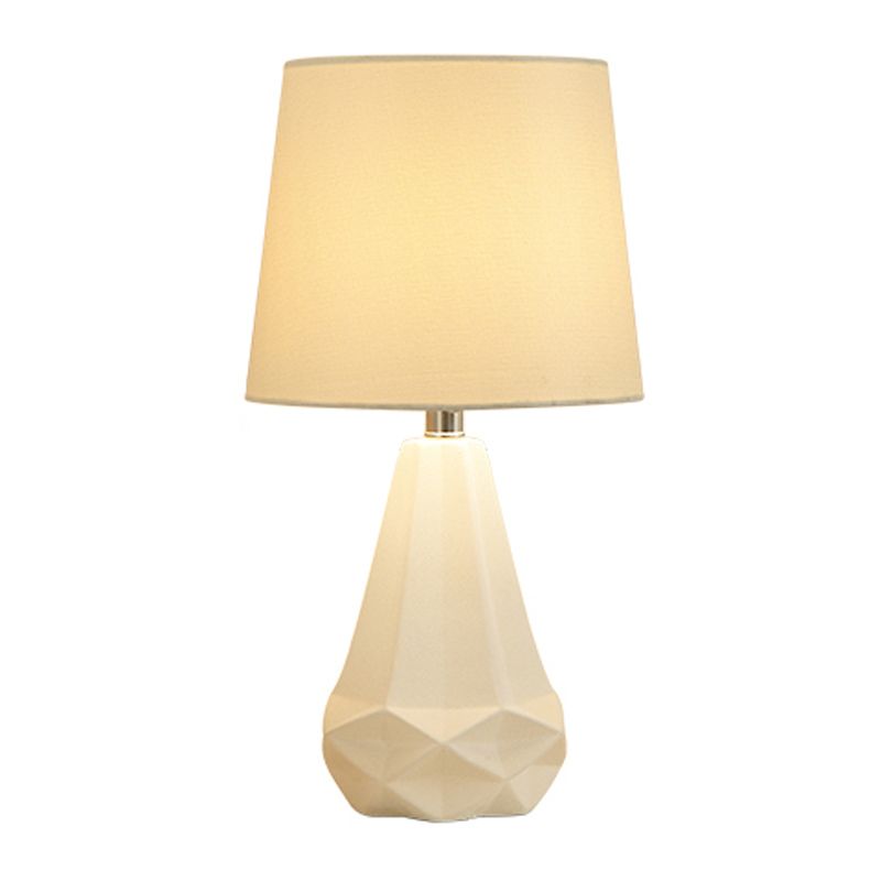 Single Bulb Night Stand Lamp Contemporary Conic Fabric Table Lighting with Diamond Ceramic Base in White