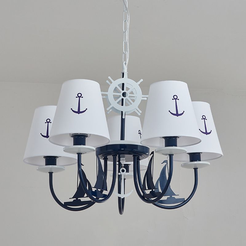 Tapered Chandelier Pendant Light Minimalist Fabric Kindergarten Hanging Light with Anchor Pattern in White