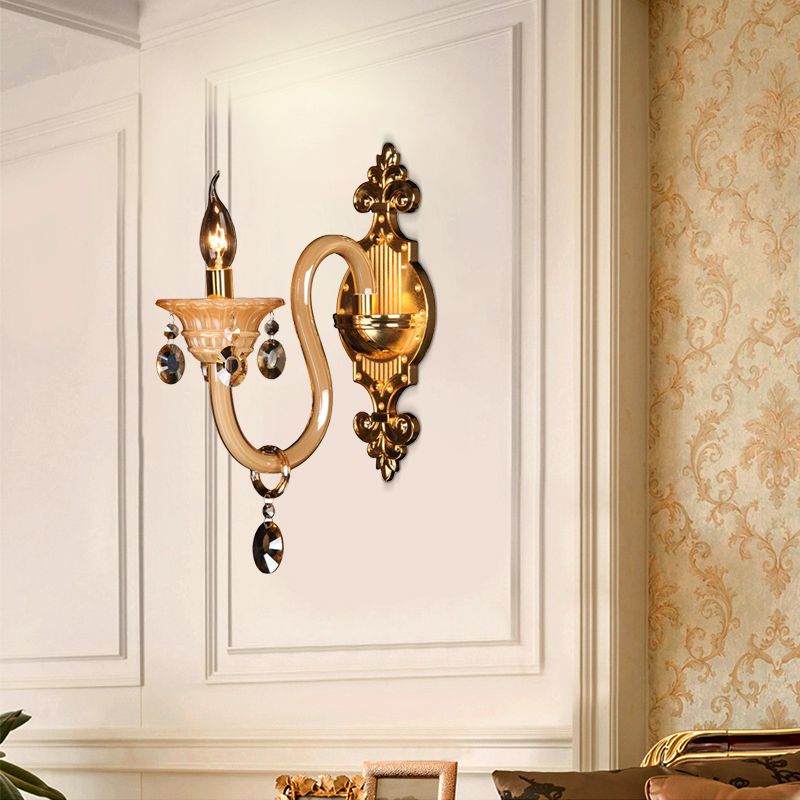 Braccio curvo lampada da parete in vetro bianco tradizionale tradizionale 1 testa salotto luce con accento cristallino smusso