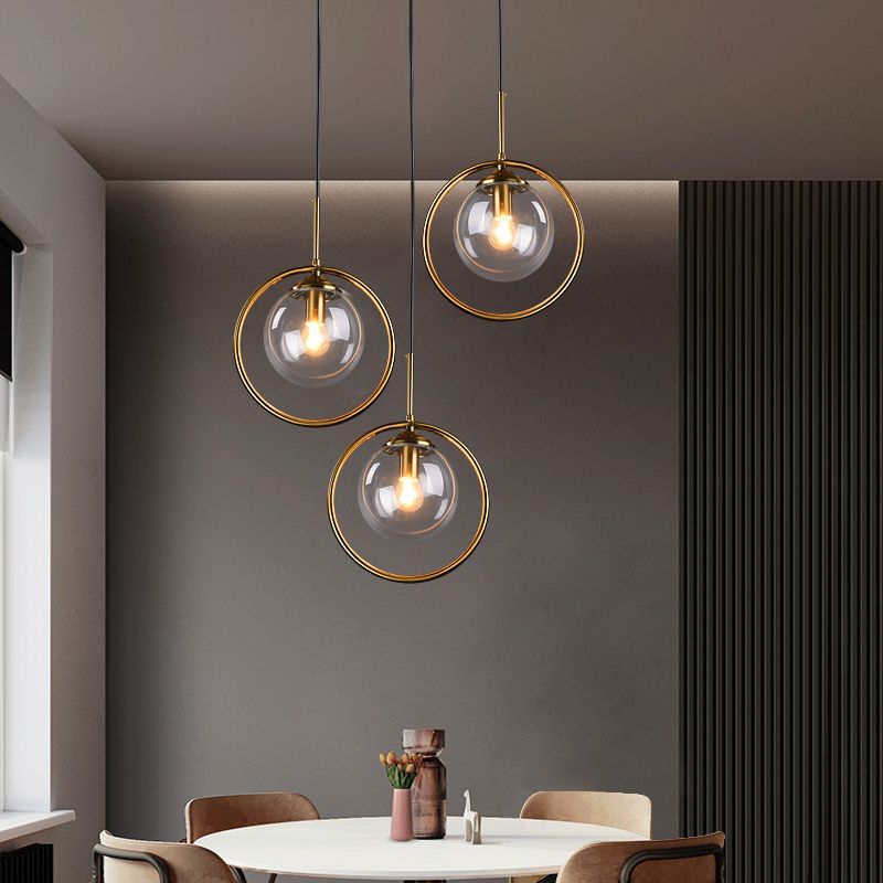 Dinning Room Three Head Sphere Shape Hanging Light Glass and Metal Modern Down Lighting Pendant