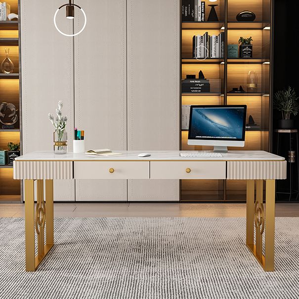 Glam Style 2-drawer Office Desk Sintered Stone Desk with Sled Base