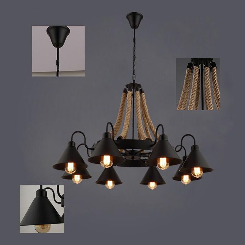 Multi Lights Black Hanging Chandelier Light Industrial Rope Cone Pendant Lamp