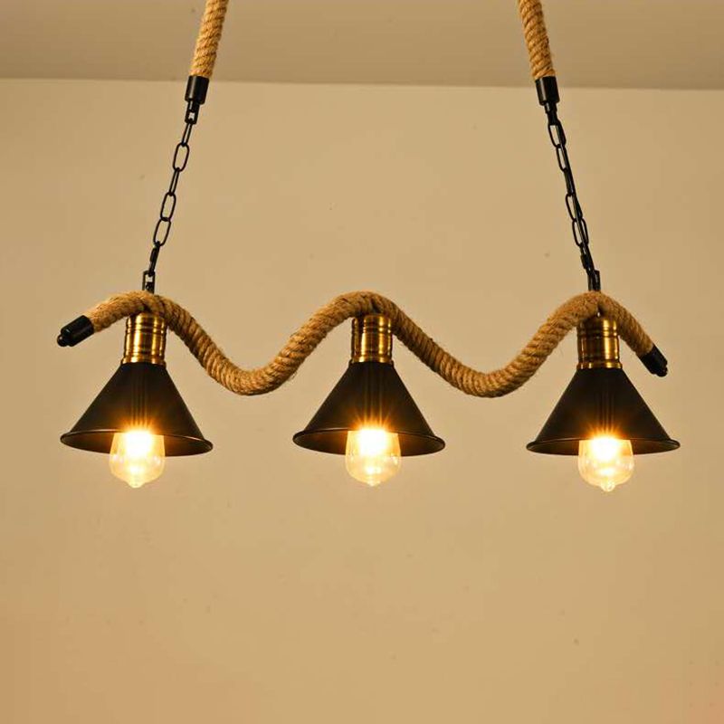 Metal Conical Island Ceiling Light Industrial Style Bar Pendant Lamp with Wavy Hemp Rope in Black