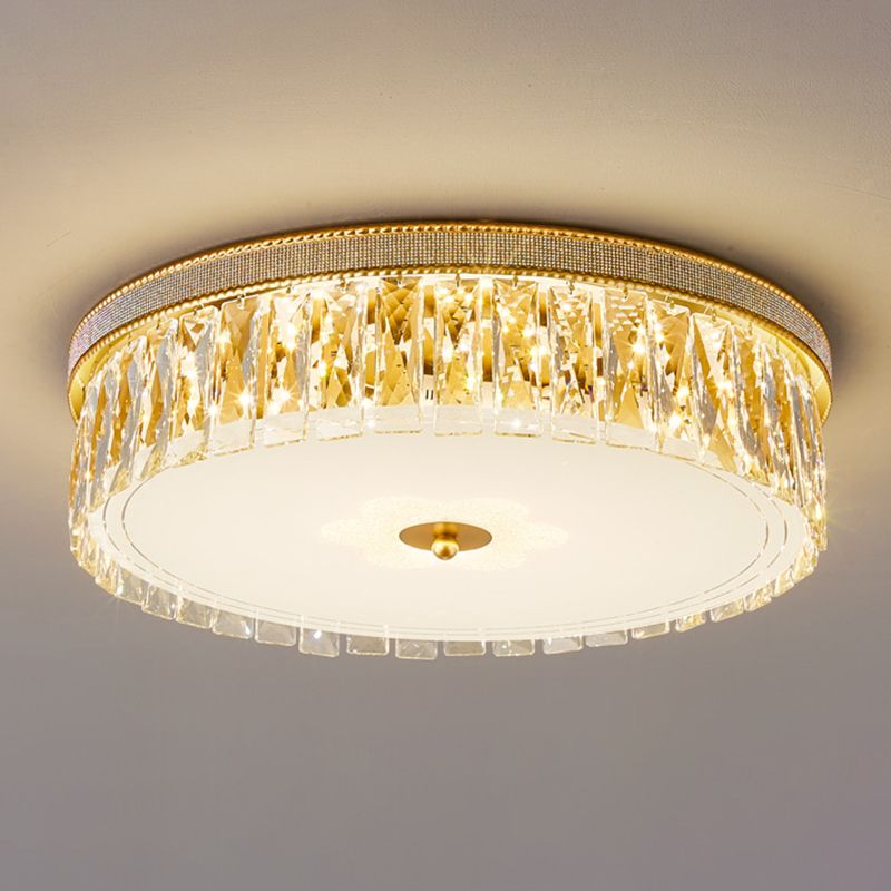Gold Cylindrical LED Ceiling Light in Modern Luxury Style Crystal Indoor Flush Mount with Glass Shade