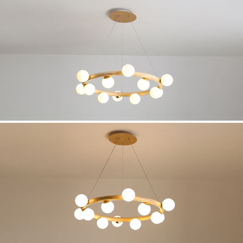 Modern Creative Chandelier Wooden Globe Pendant Light with White Glass Shade