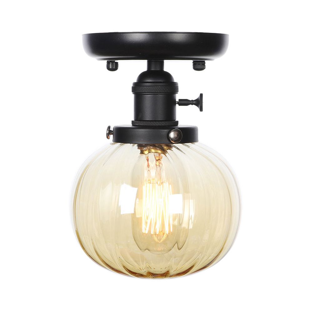 Black 1 Light Ceiling Mount Clear/Amber Glass Industrial Round/Globe Semi Flush Light for Kitchen